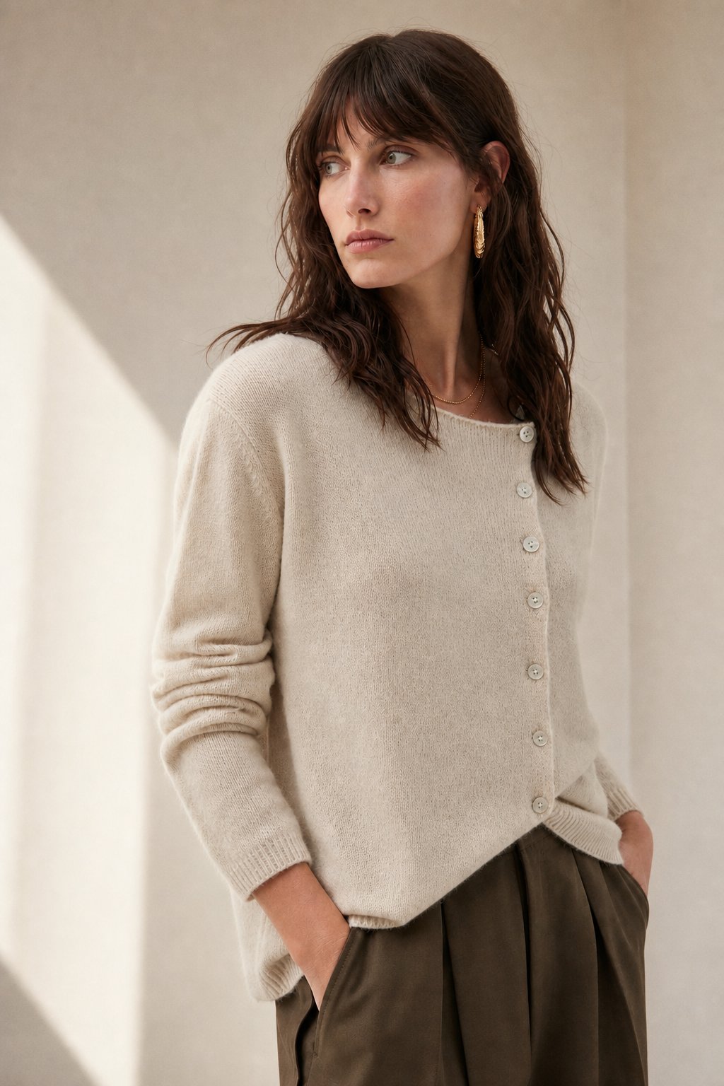 Amélise Womens Asymmetric Button Cashmere Blend Sweater in Khaki