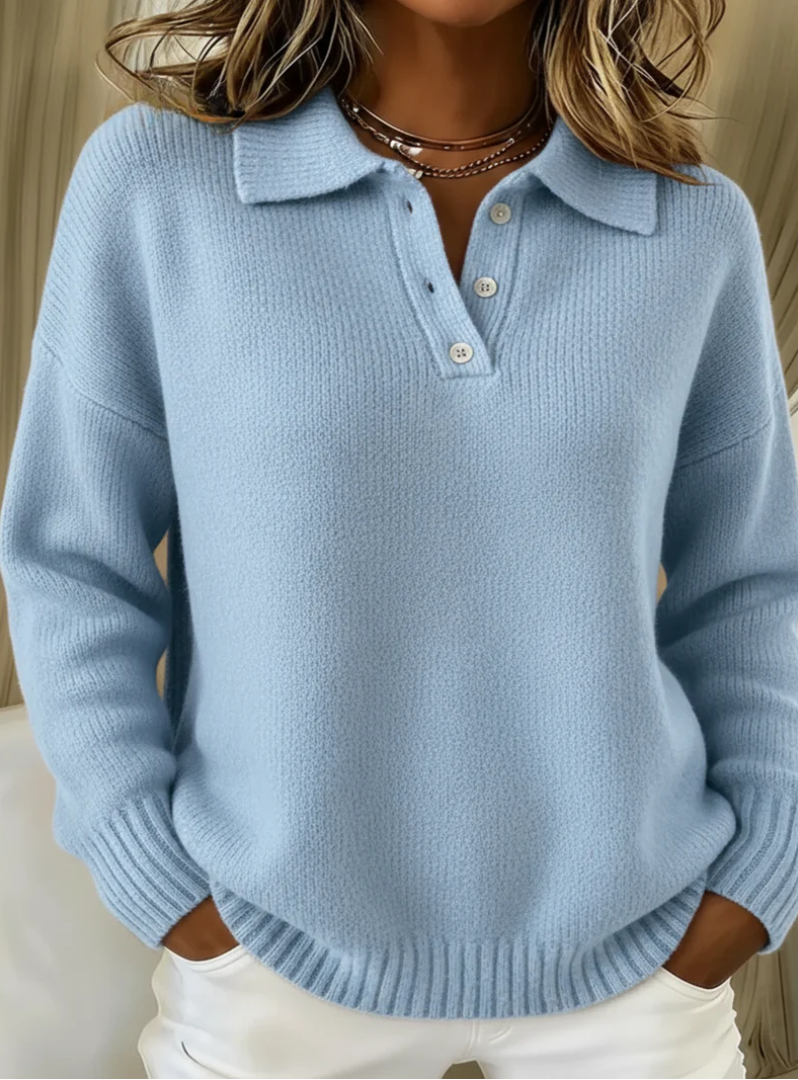 Ardenne | Women's Collared Polo Knit Sweater — Button Placket Pullover with Ribbed Cuffs | Westmere