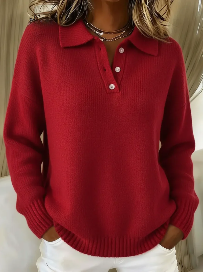 Ardenne | Women's Collared Polo Knit Sweater — Button Placket Pullover with Ribbed Cuffs | Westmere