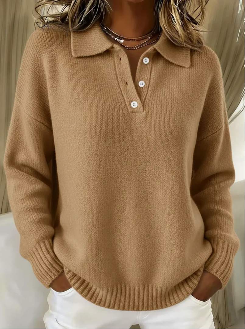 Ardenne | Women's Collared Polo Knit Sweater — Button Placket Pullover with Ribbed Cuffs | Westmere