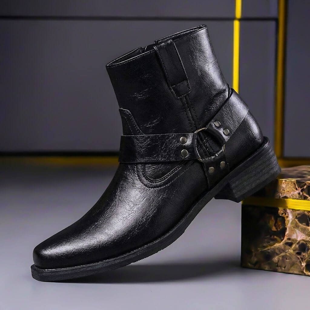 Philip Mens Genuine Leather Boots with Metal Hardware in Obsidian Black
