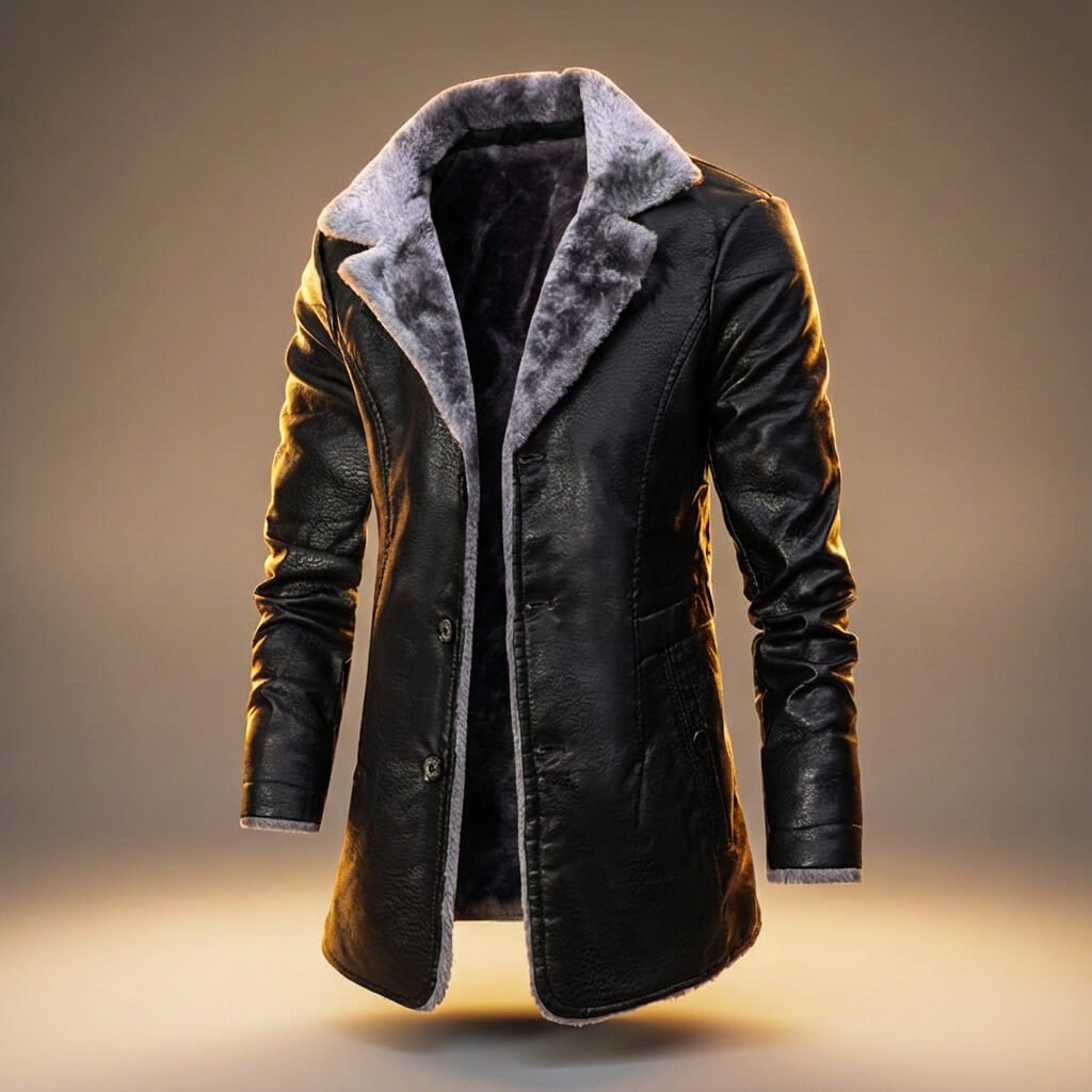 Marshall Mens Leather Coat with Shearling Lining in Obsidian Black
