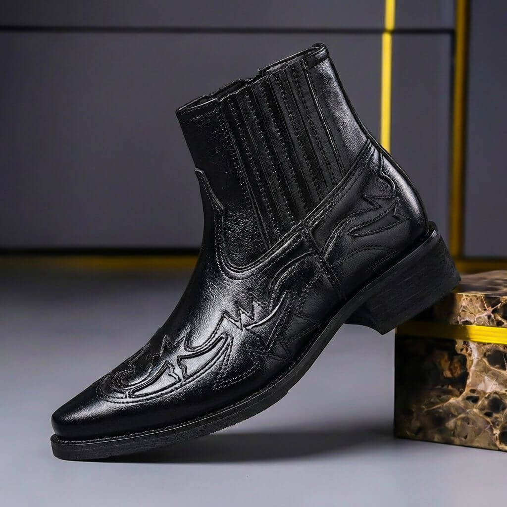 Hawkins Mens Italian Leather Vintage Boots in Obsidian Black