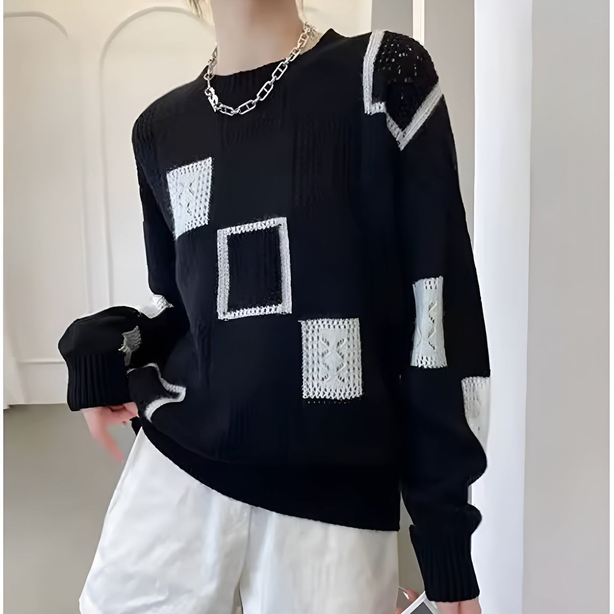 Women's Squares-Pattern Sweater, Chic Design | Subtle Geometric Detail, Relaxed Drape | White, Black or Yellow | One Size
