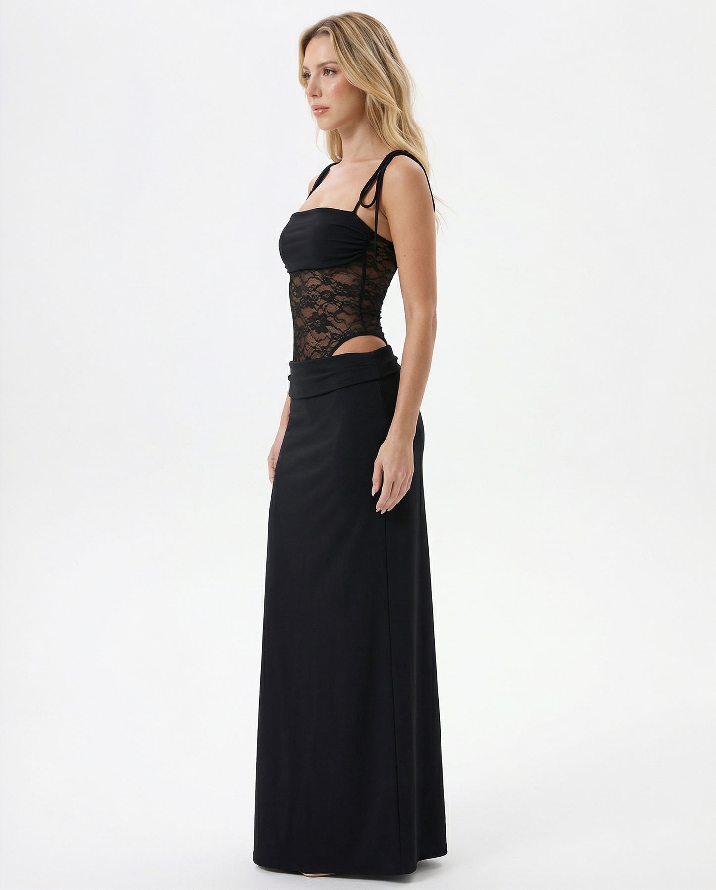 Lace Panel Maxi™ – Sculpted Bandeau Dress (Minimal Elegance & Modern Edge)