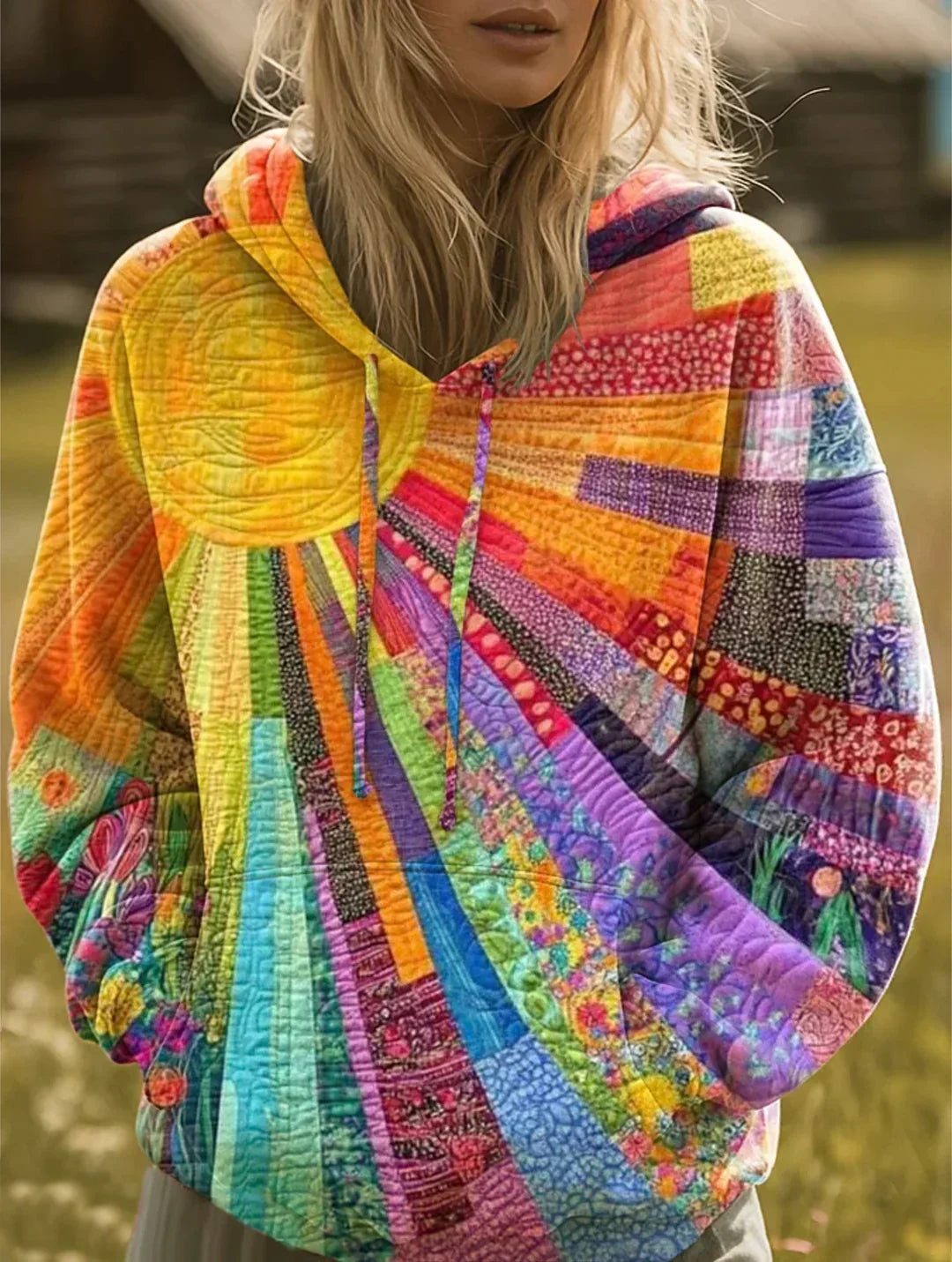 Calendra | Women's Quilted Patchwork Hoodie Sweater — Sunburst Multicolor Print Drawstring Pullover | Westmere