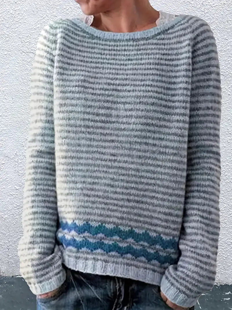 Calvara | Women's Striped Pullover Knit Sweater — Contrast Zigzag Hem Detail in 3 Colors | Westmere