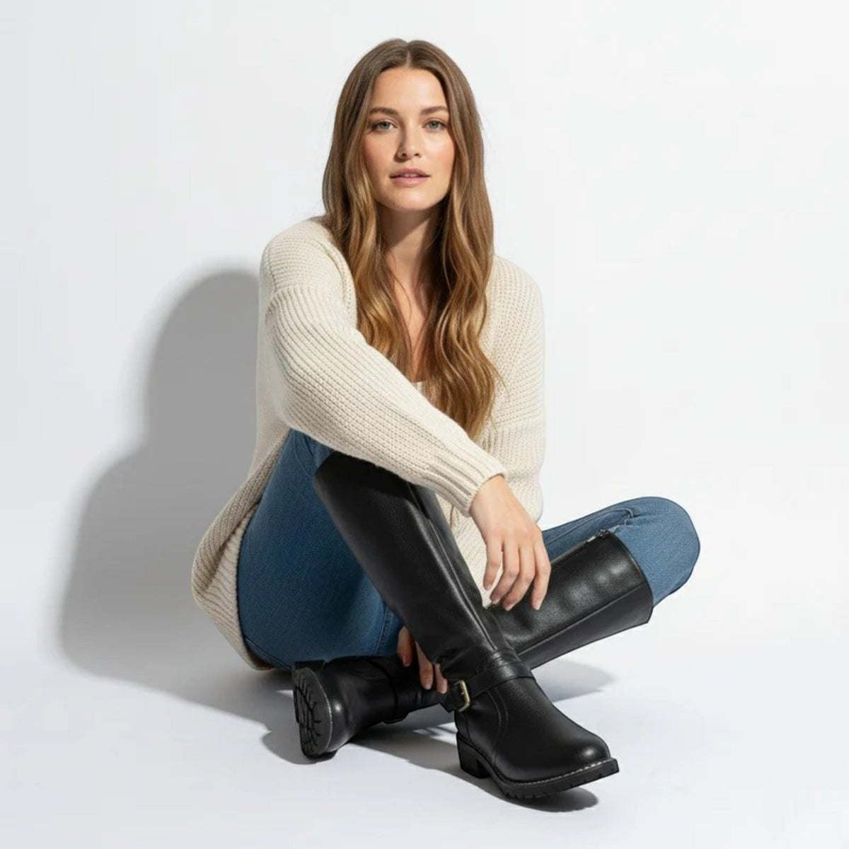 Camila Womens Leather Knee-High Boots with Buckle Detail