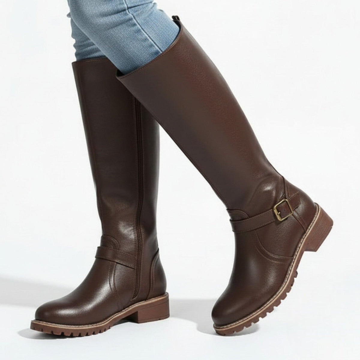 Camila Womens Leather Knee-High Boots with Buckle Detail in Coffee