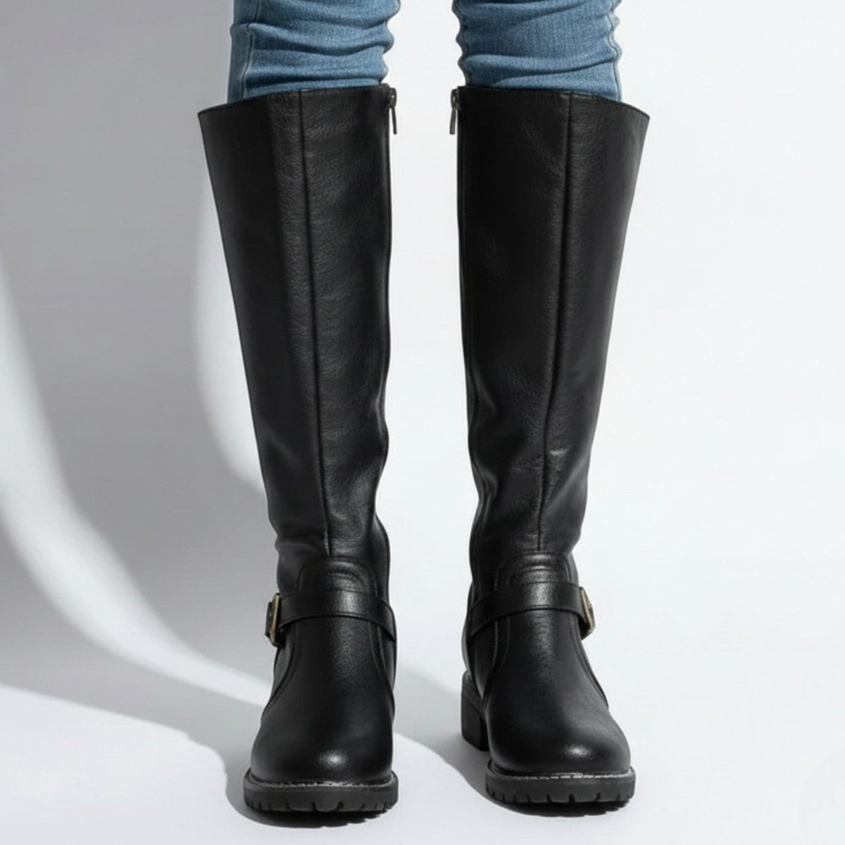 Camila Womens Leather Knee-High Boots with Buckle Detail in Black