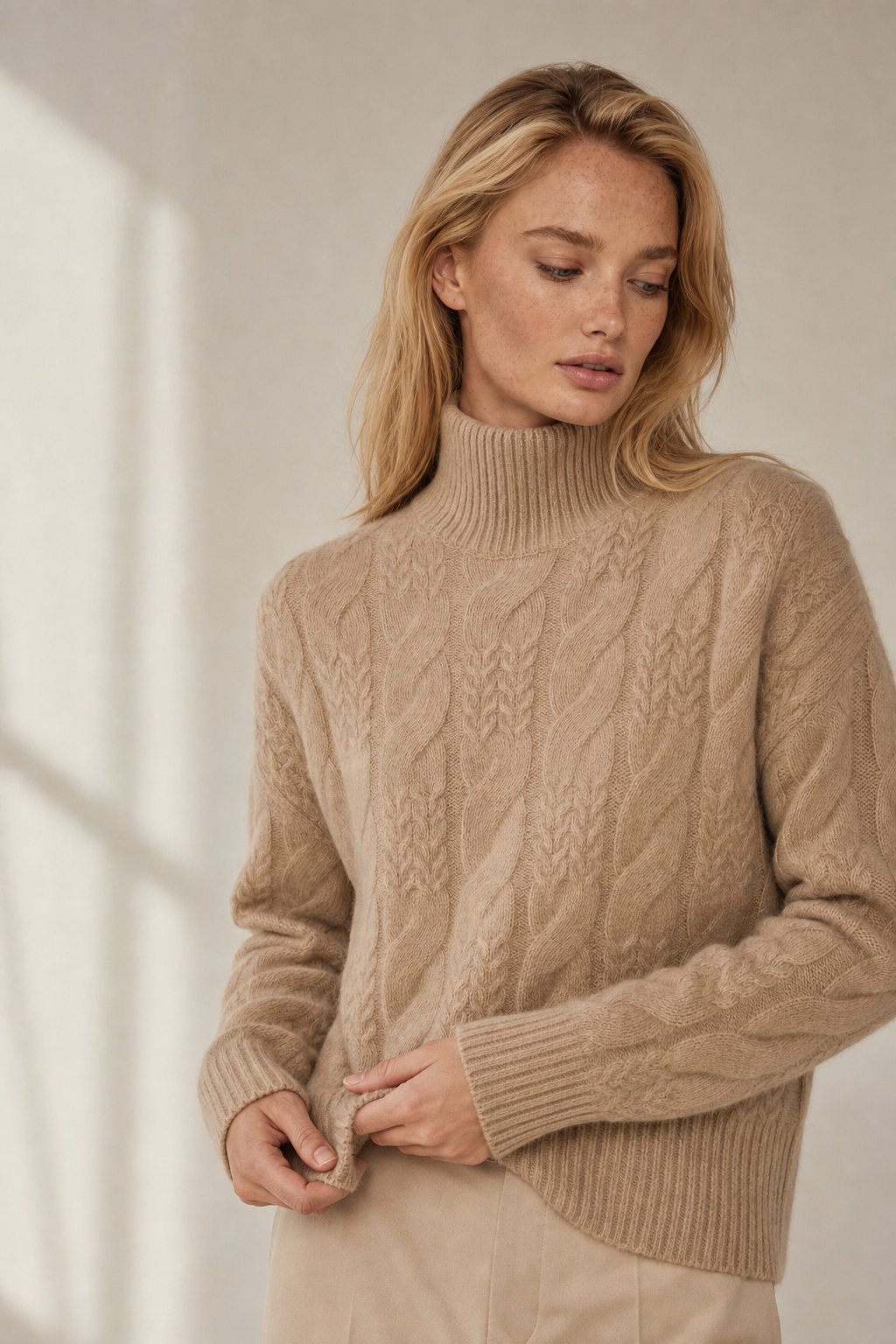 Whitney Womens Cable Knit Sweater with Half-High Collar in Beige