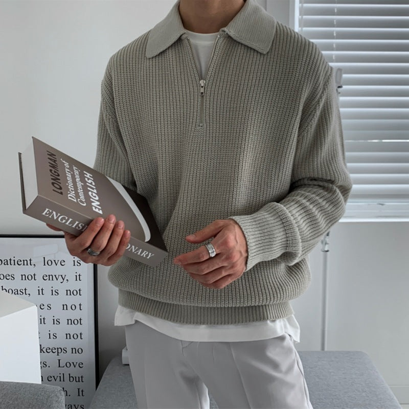 Jose Mens Knit Zip Sweater with Collar in Gray
