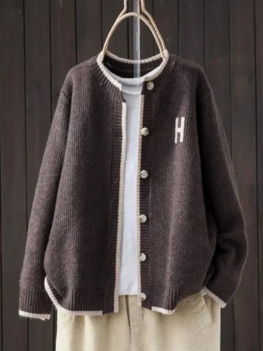 Colveth | Women's Oversized Button-Front Cardigan Sweater — Collegiate Letter Patch Ribbed Knit | Westmere