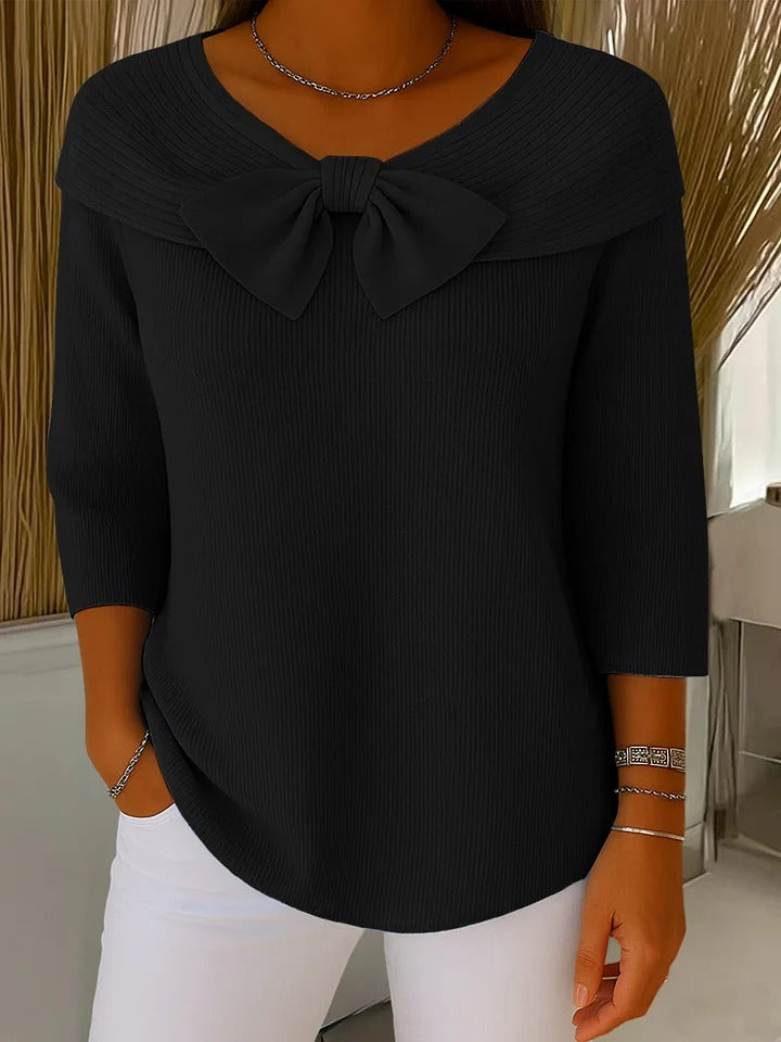 Cordwyn | Women's Bow Detail Ribbed Knit Sweater — 3/4 Sleeve Pullover with Neckline Bow in 6 Colors | Westmere
