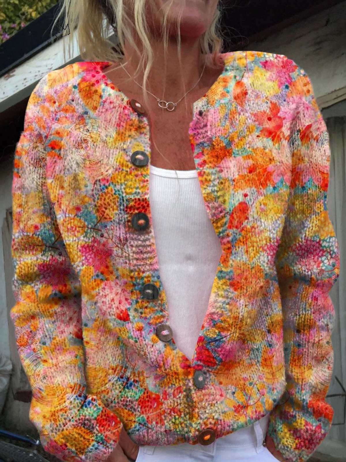 Women's Floral-Print Open-Front Cardigan | Watercolor Print, Dark Button Details | Relaxed Fit | S–5XL