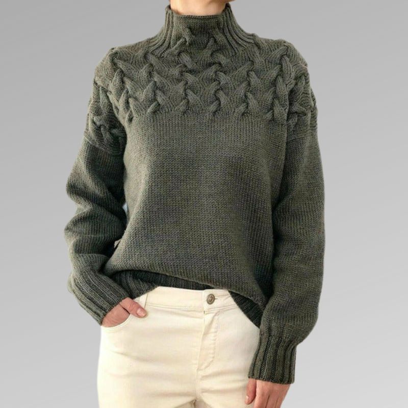 Corwen | Women's Cable Knit Turtleneck Sweater — Chunky Yoke Pattern in 8 Colors | Westmere