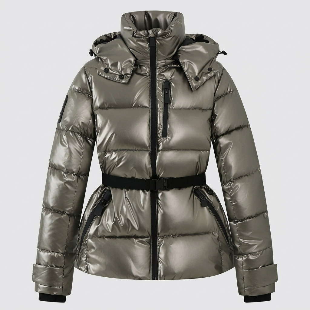 Alicia Womens Quilted Puffer Jacket with Belted Waist in Silver