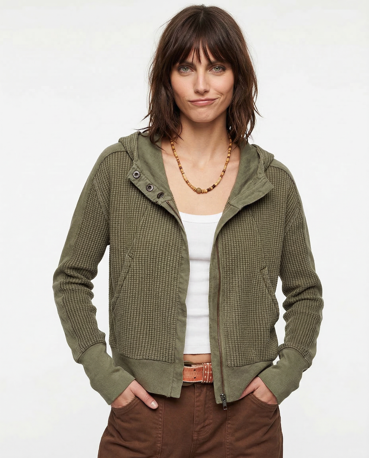 Christina Womens Cropped Zip Hoodie in Waffle Cotton