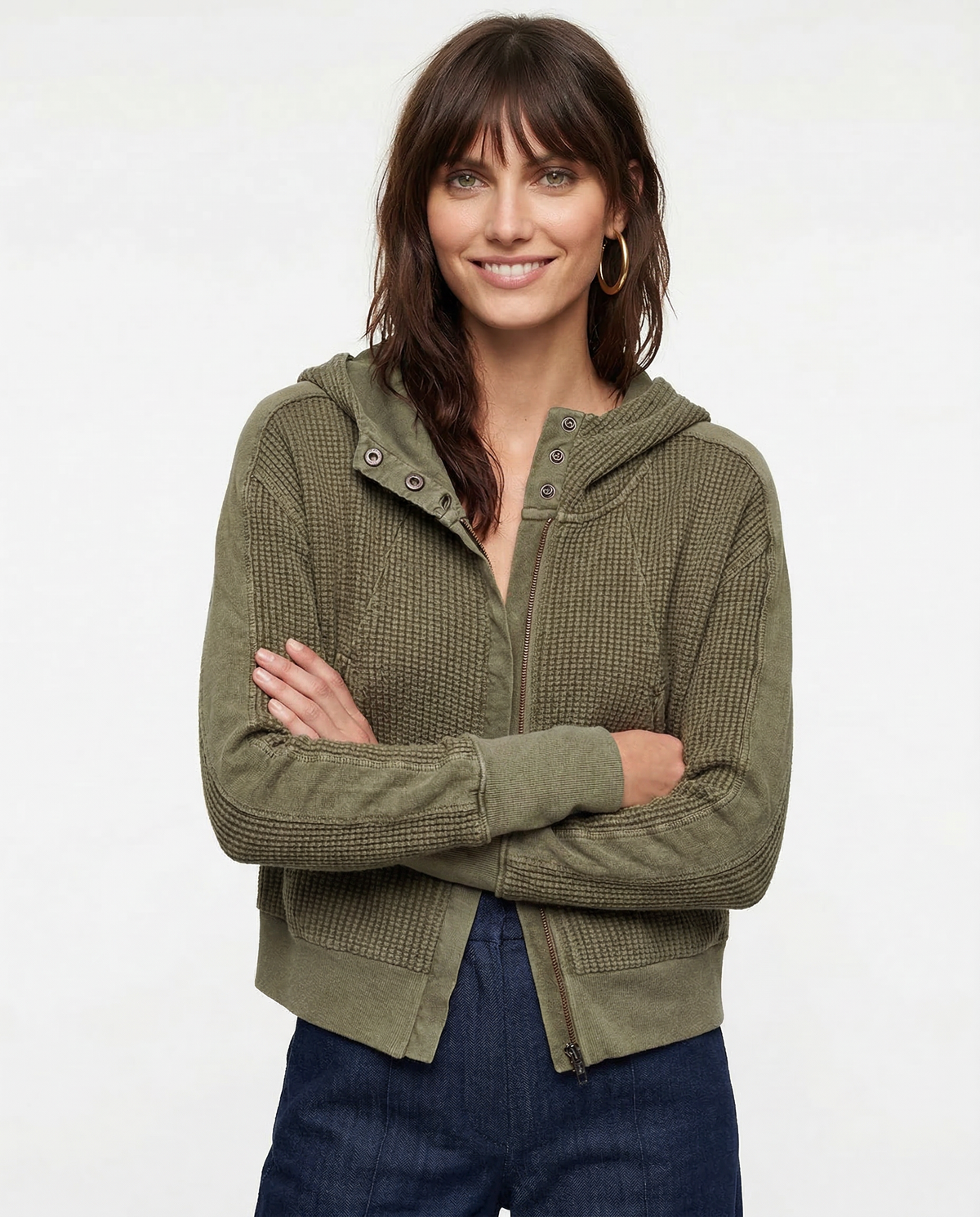 Christina Womens Cropped Zip Hoodie in Waffle Cotton