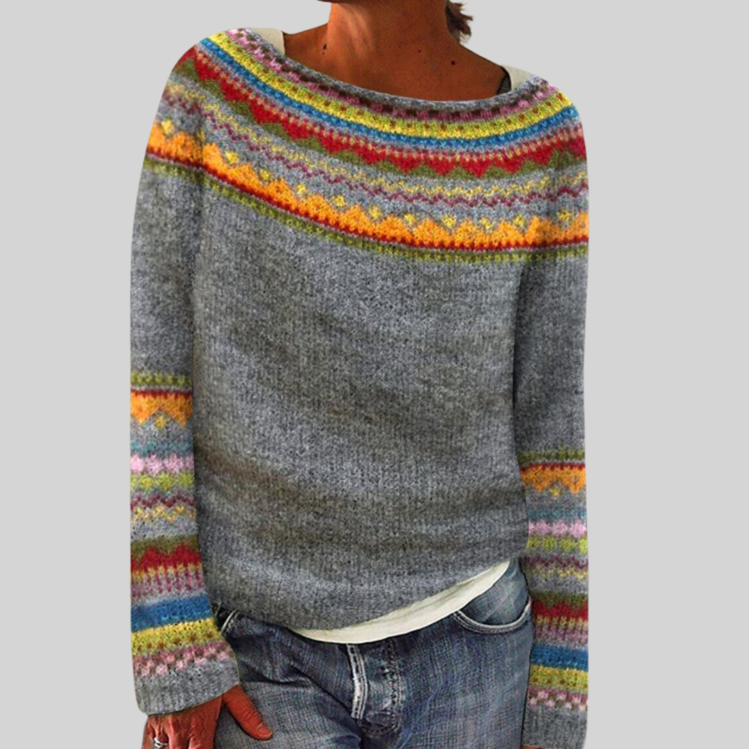 Delvina | Women's Fair Isle Colorblock Knit Sweater — Boat Neck Pullover with Yoke Stripe | Westmere