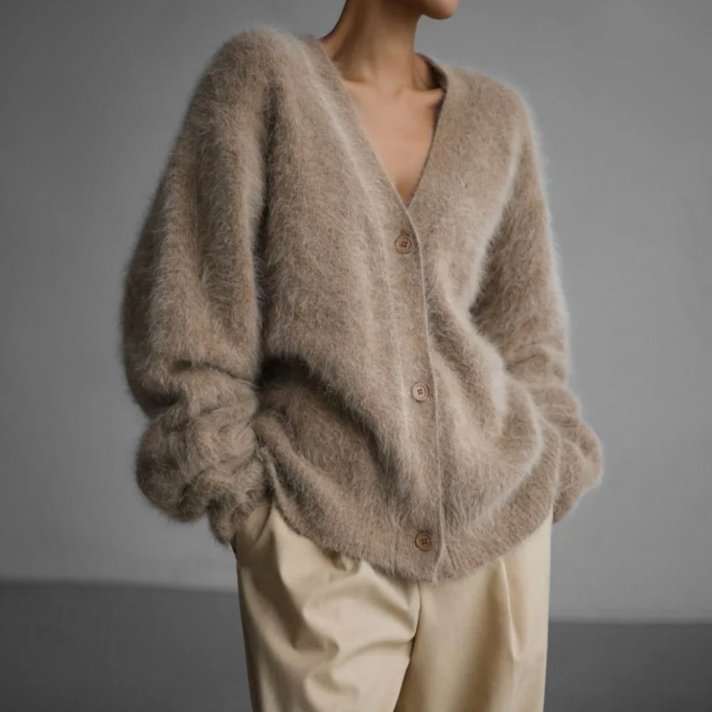 Delwyn | Women's Oversized Fuzzy Button-Front Cardigan — Plush V-Neck Knit Layer in 4 Colors | Westmere
