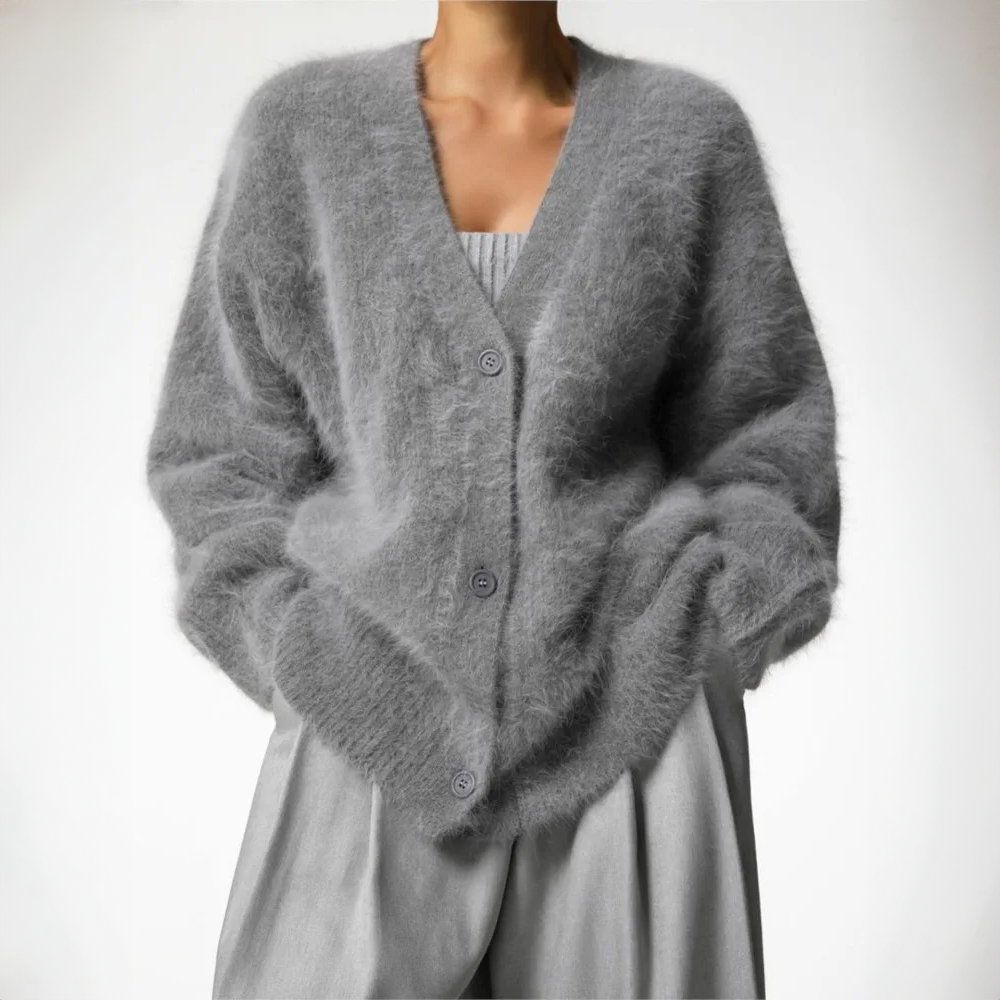 Delwyn | Women's Oversized Fuzzy Button-Front Cardigan — Plush V-Neck Knit Layer in 4 Colors | Westmere