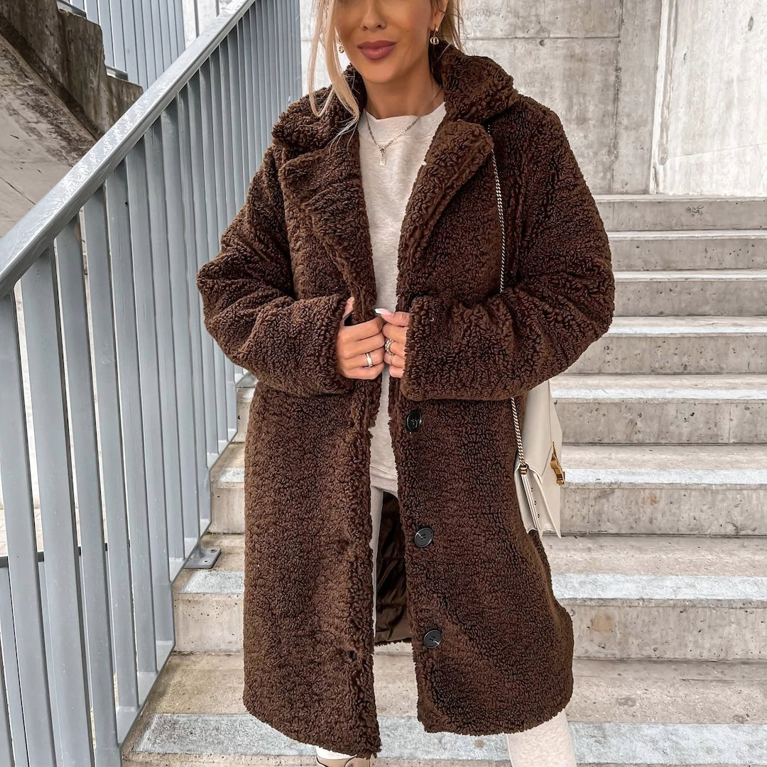 Doris Womens Oversized Teddy Long Coat in Dark Brown
