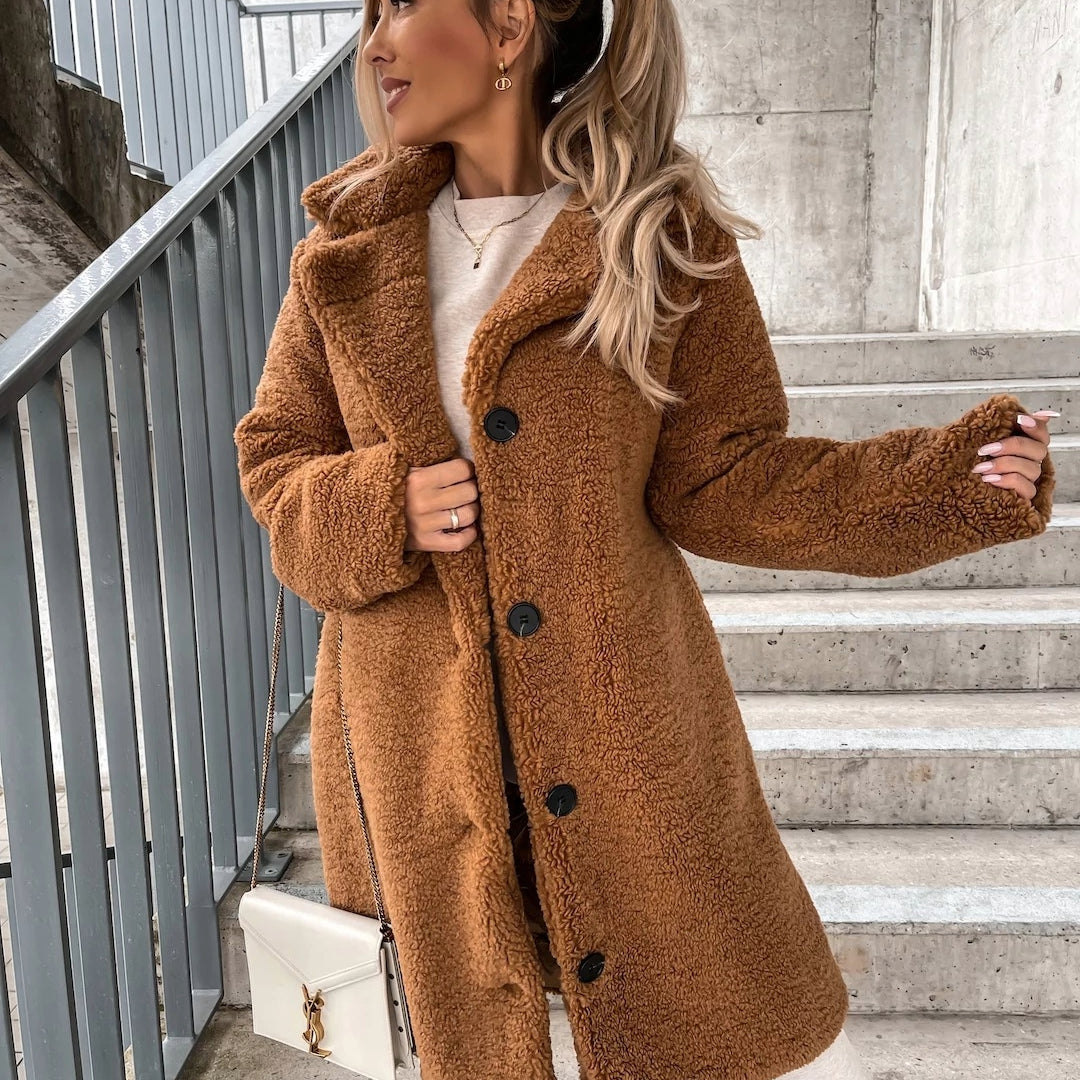 Doris Womens Oversized Teddy Long Coat in Brown