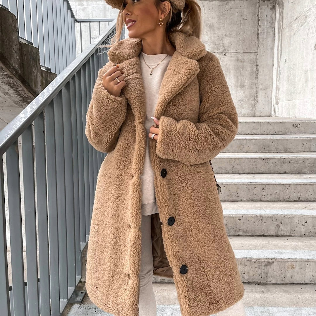 Doris Womens Oversized Teddy Long Coat in Beige