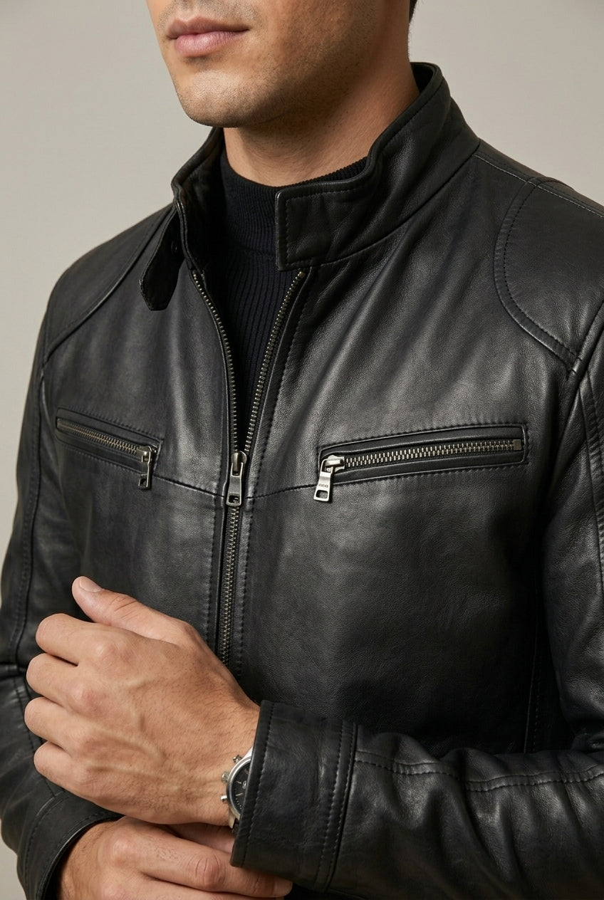 Jon Mens Leather Jacket with Stand Collar