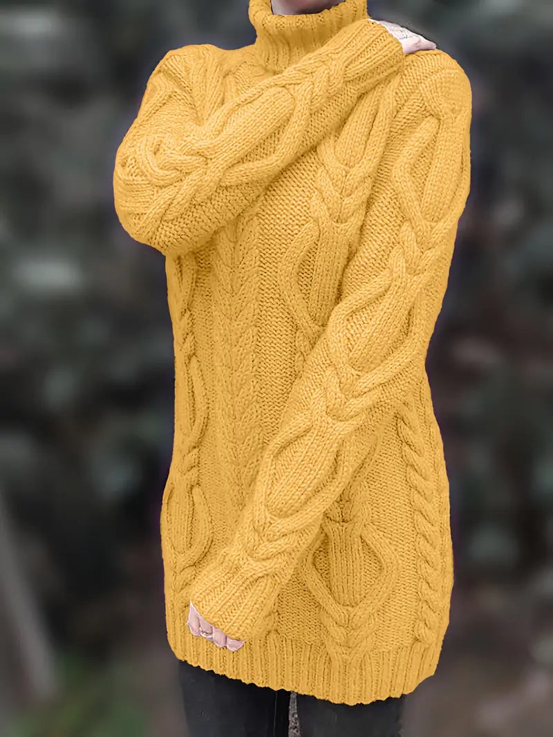 Women's Chunky Cable-Knit Turtleneck Sweater | Oversized Hip-Length Fit, Long Sleeves | 8 Colorways | One Size