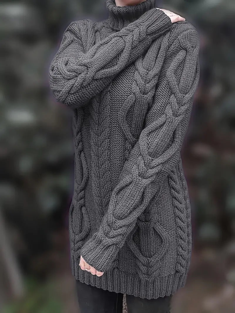 Women's Chunky Cable-Knit Turtleneck Sweater | Oversized Hip-Length Fit, Long Sleeves | 8 Colorways | One Size