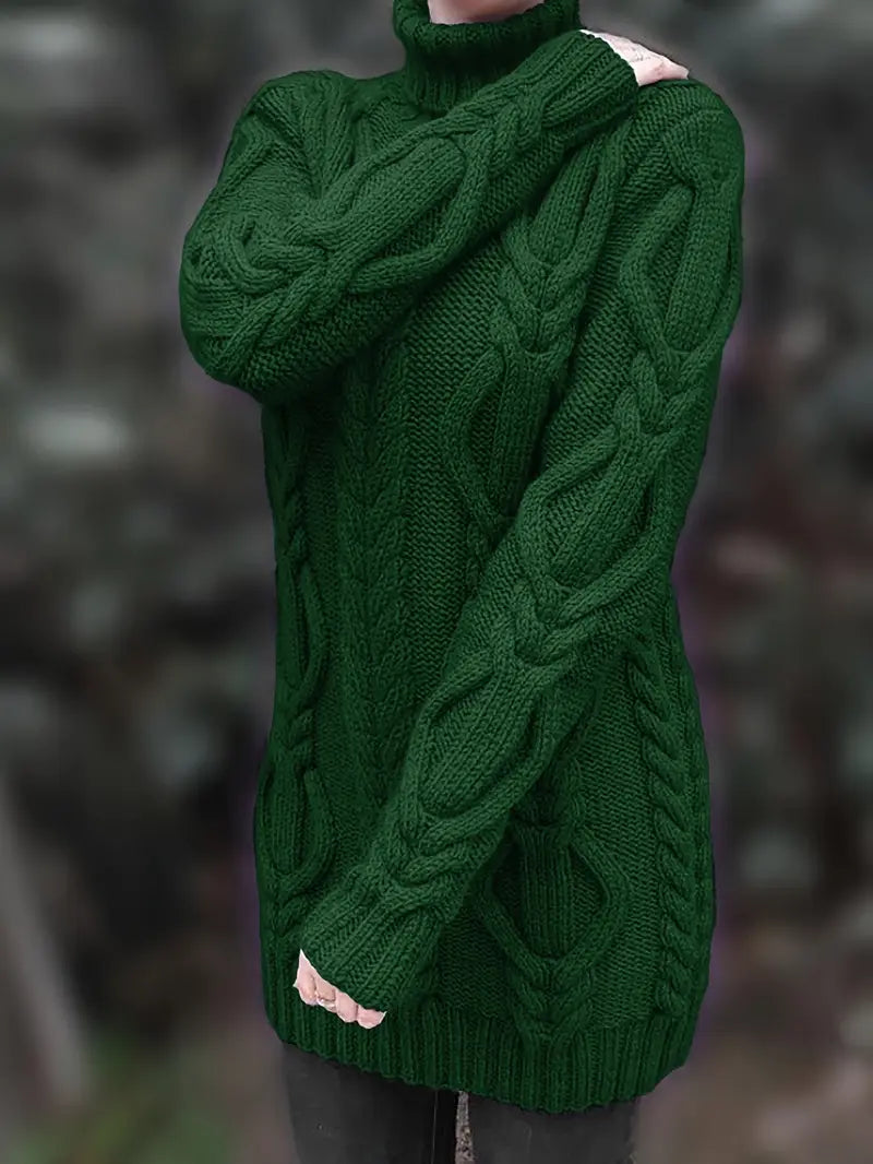 Women's Chunky Cable-Knit Turtleneck Sweater | Oversized Hip-Length Fit, Long Sleeves | 8 Colorways | One Size