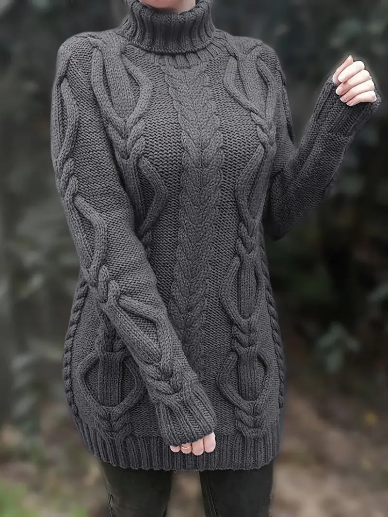 Women's Chunky Cable-Knit Turtleneck Sweater | Oversized Hip-Length Fit, Long Sleeves | 8 Colorways | One Size