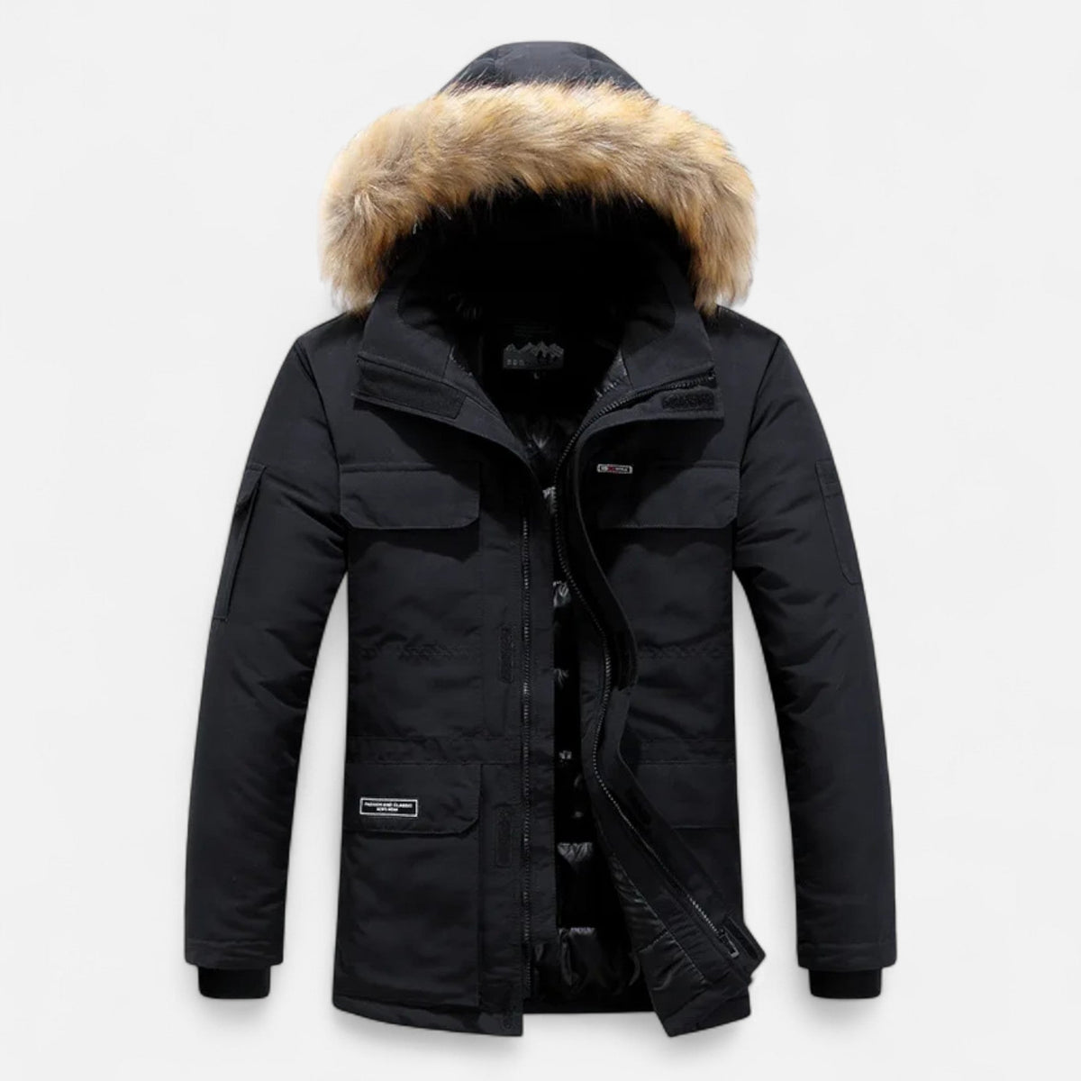 Jeff Mens Winter Parka with Hood, Fleece Lining in Black
