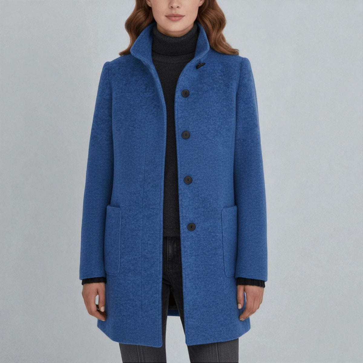 Elara Womens Winter Coat with Stand-Up Collar and Side Pockets in Blue