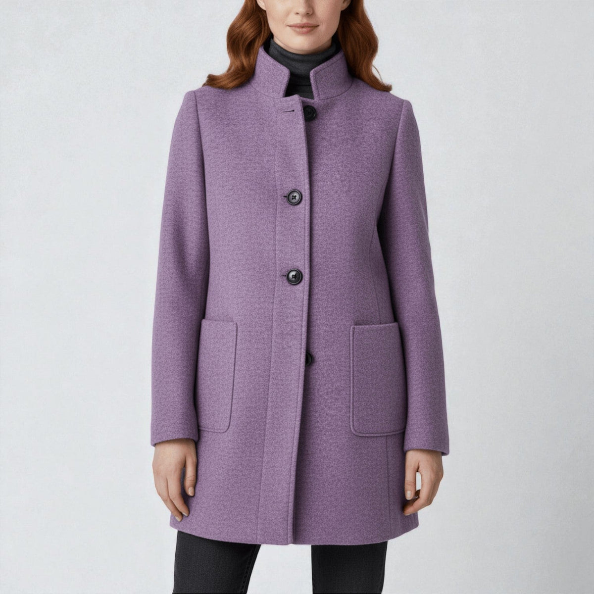 Elara Womens Winter Coat with Stand-Up Collar and Side Pockets in Purple