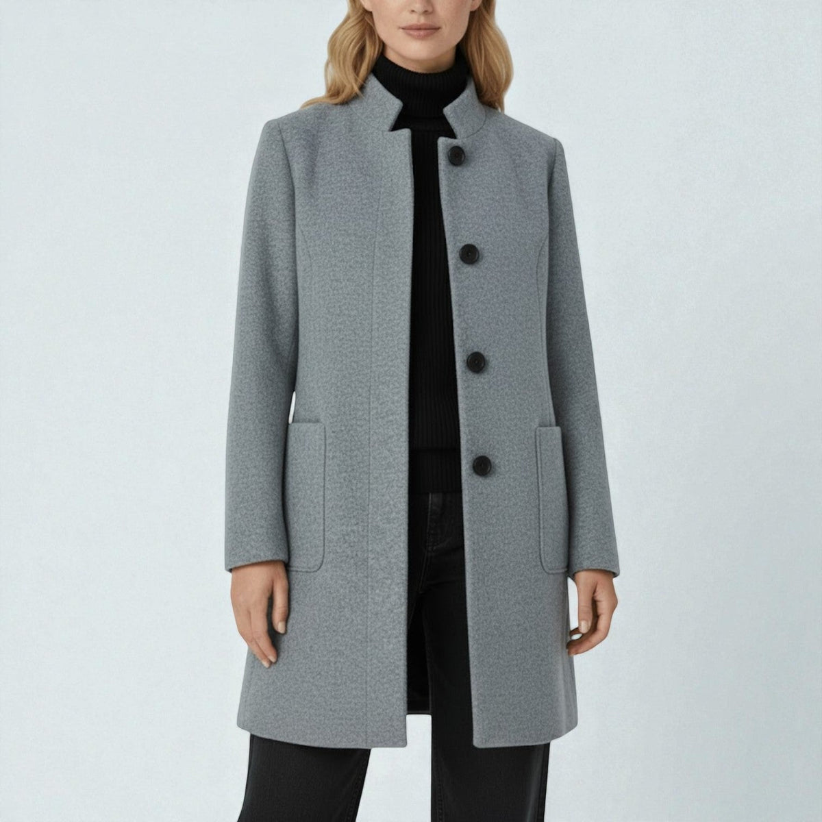 Elara Womens Winter Coat with Stand-Up Collar and Side Pockets in Light Gray