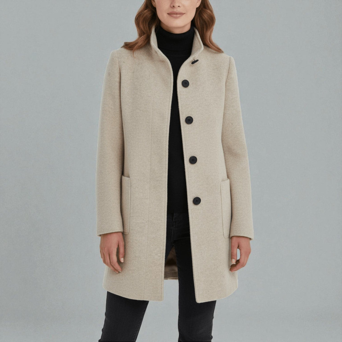 Elara Womens Winter Coat with Stand-Up Collar and Side Pockets in Khaki