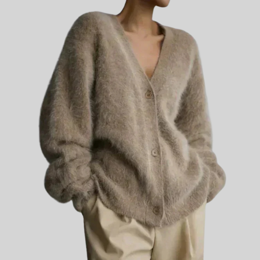 Elspeth | Women's Oversized Fuzzy Cardigan Sweater — Deep V-Neck Button-Front Layer in 4 Neutrals | Westmere