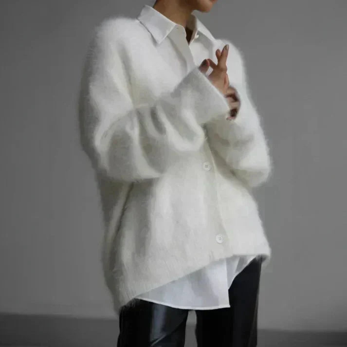 Elspeth | Women's Oversized Fuzzy Cardigan Sweater — Deep V-Neck Button-Front Layer in 4 Neutrals | Westmere