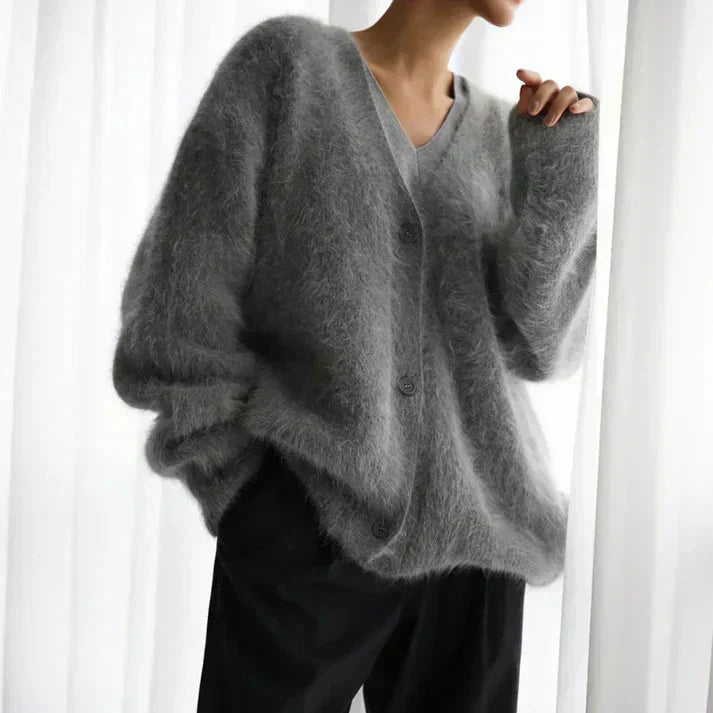 Elspeth | Women's Oversized Fuzzy Cardigan Sweater — Deep V-Neck Button-Front Layer in 4 Neutrals | Westmere