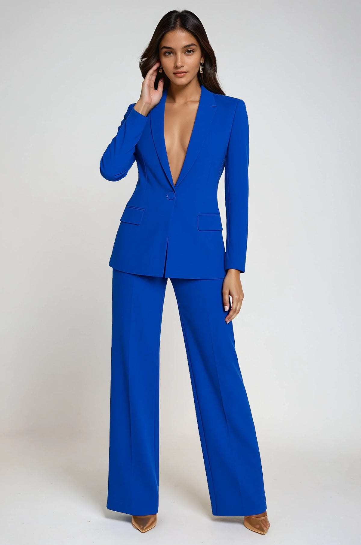 Laura Womens Blazer and Pants Suit Set in Blue