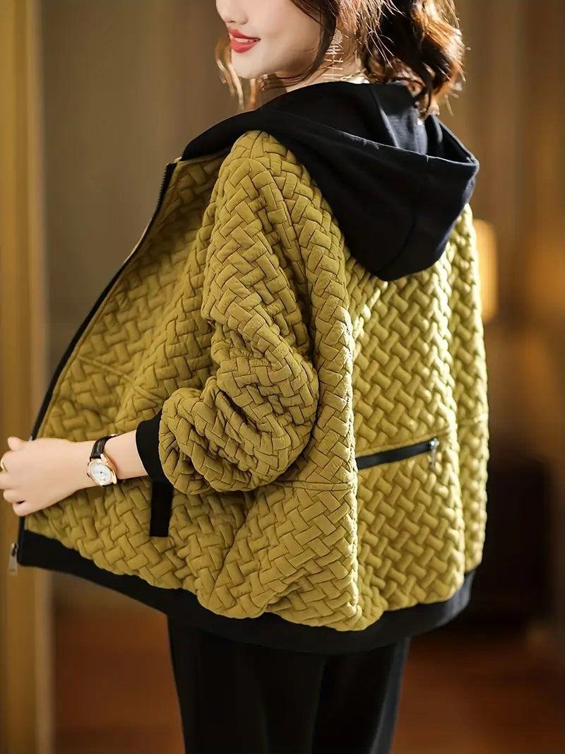 Mirelle Womens Quilted Hooded Jacket, Basketweave Pattern in Amber