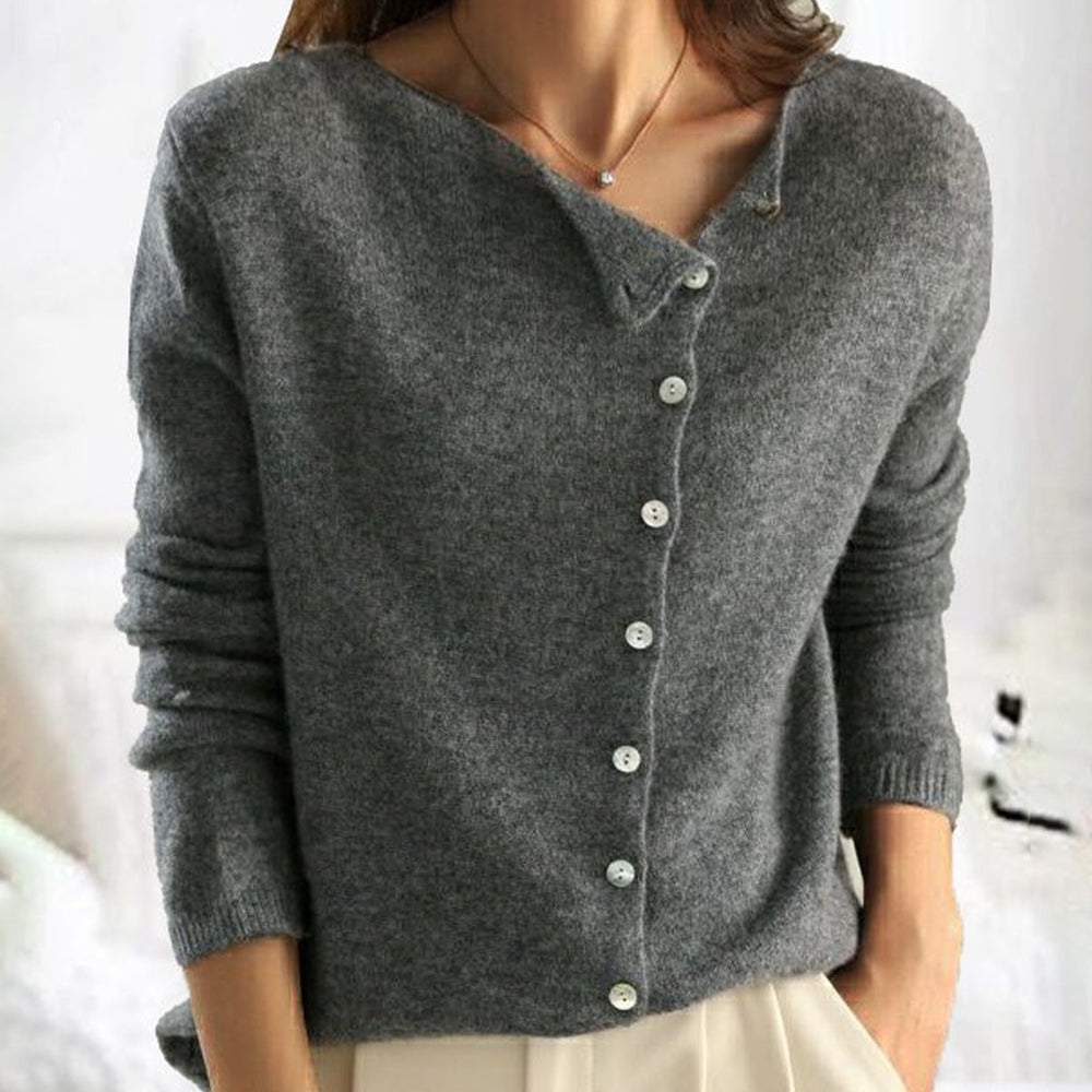 Fenya | Women's Button-Front Cardigan Sweater — Asymmetric Neckline with Pearl-Style Buttons in 4 Colors | Westmere