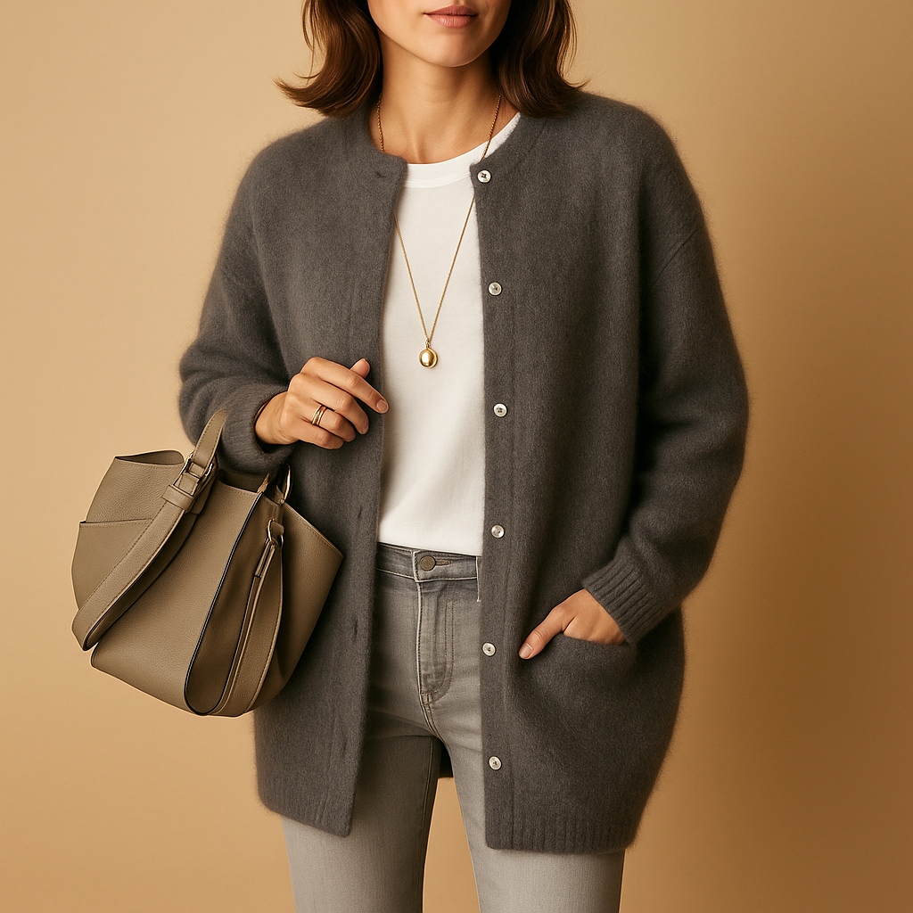 Miranda Womens Long Knit Cardigan with Button Front in Gray