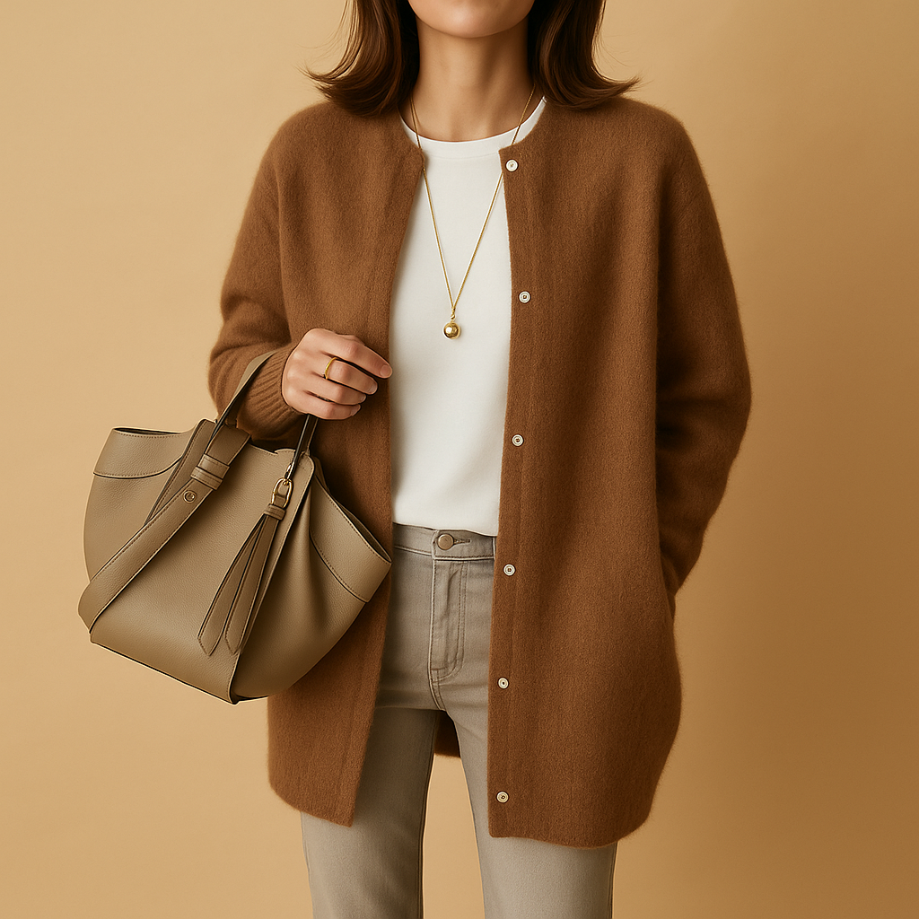 Miranda Womens Long Knit Cardigan with Button Front in Caramel