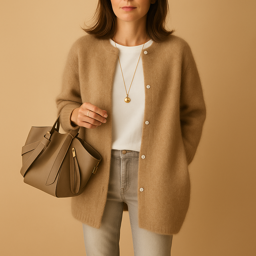 Miranda Womens Long Knit Cardigan with Button Front in Khaki