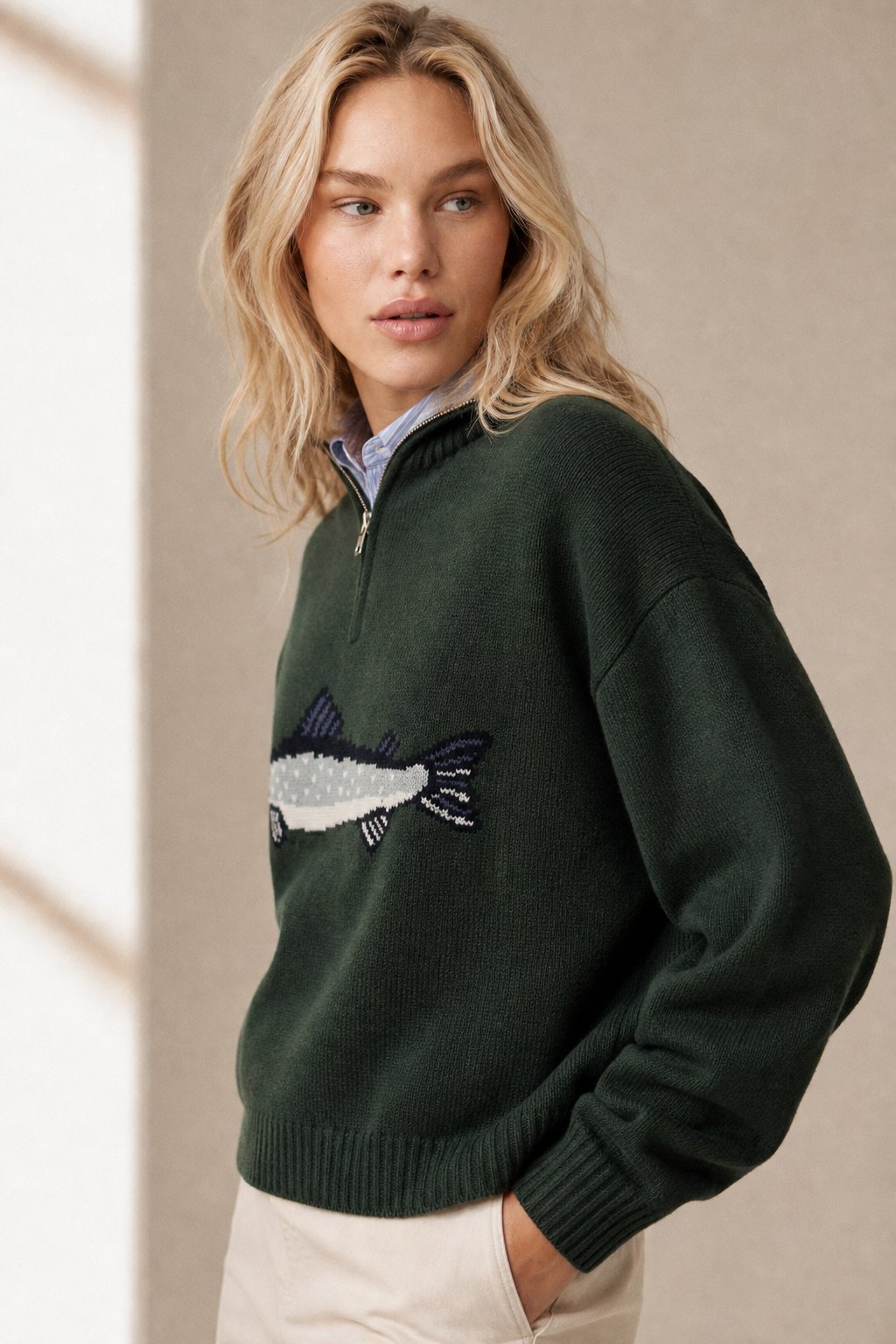 Hadley Womens Half-Zip Knit Sweater with Fish Pattern