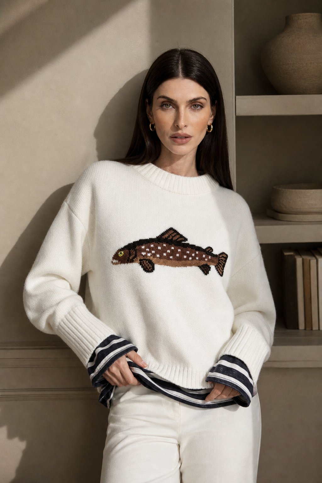 Hadley Womens Half-Zip Knit Sweater with Fish Pattern in White